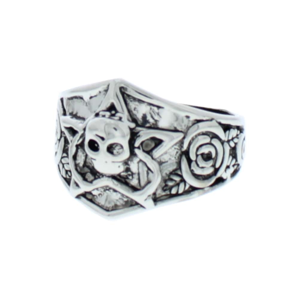Zac's Alter Ego - Roses & Pentagram Skull Ring - Black